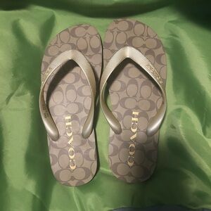 Coach Signature Pattern Gold and Brown Flipflops
